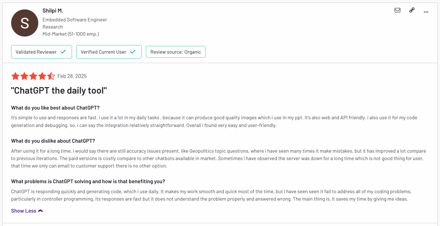 Shilpi M G2 user review of ChatGPT