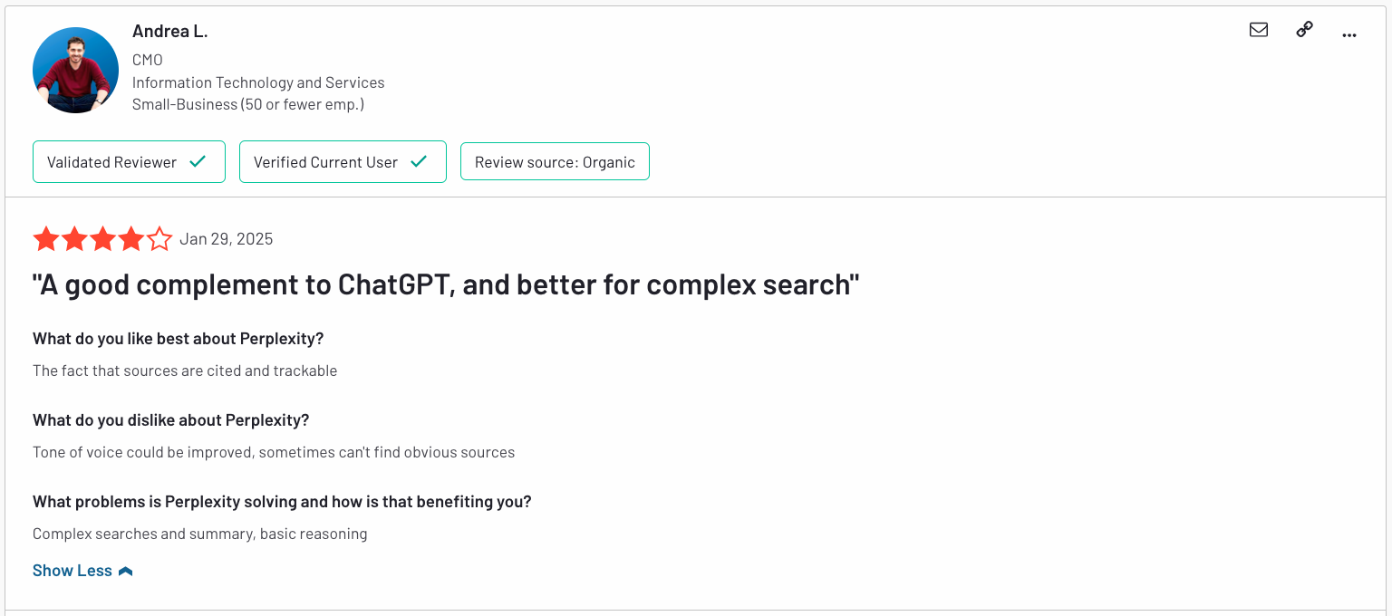 Andrea L G2 user review of Perplexity