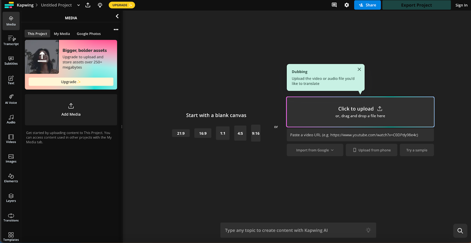 To the left are a list of tools. To the right is a "Click to upload" box. A tooltip says: "Dubbing: Upload the video or audio file you'd like to translate."