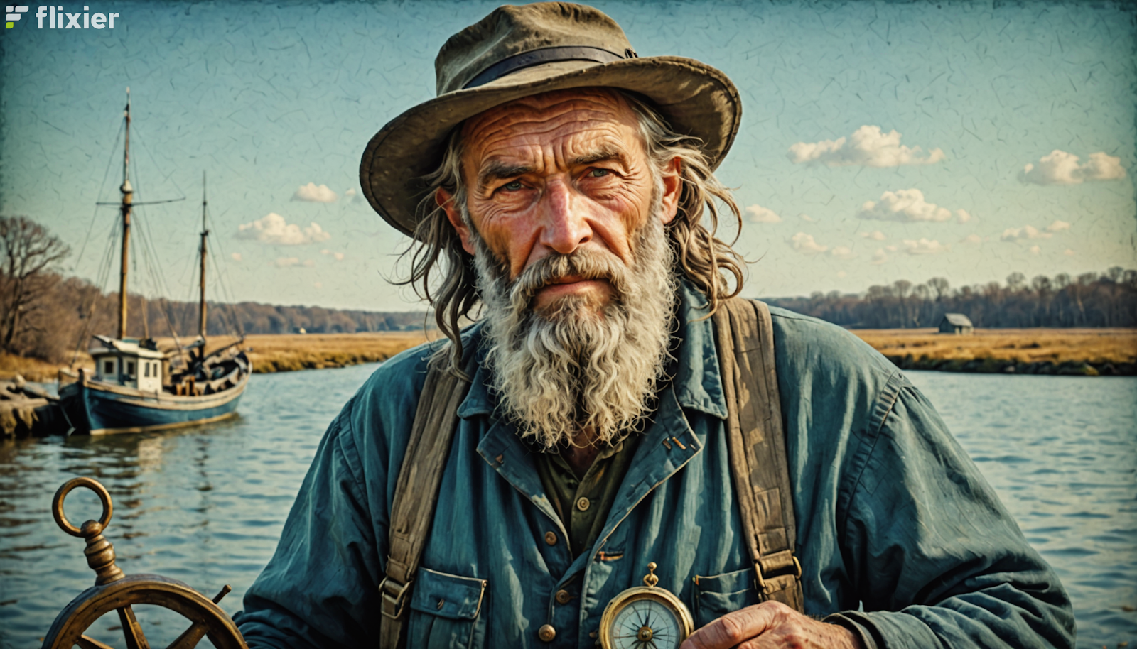A weathered old fisherman with a long gray beard holding an antique compass, oil painting style with visible brushstrokes