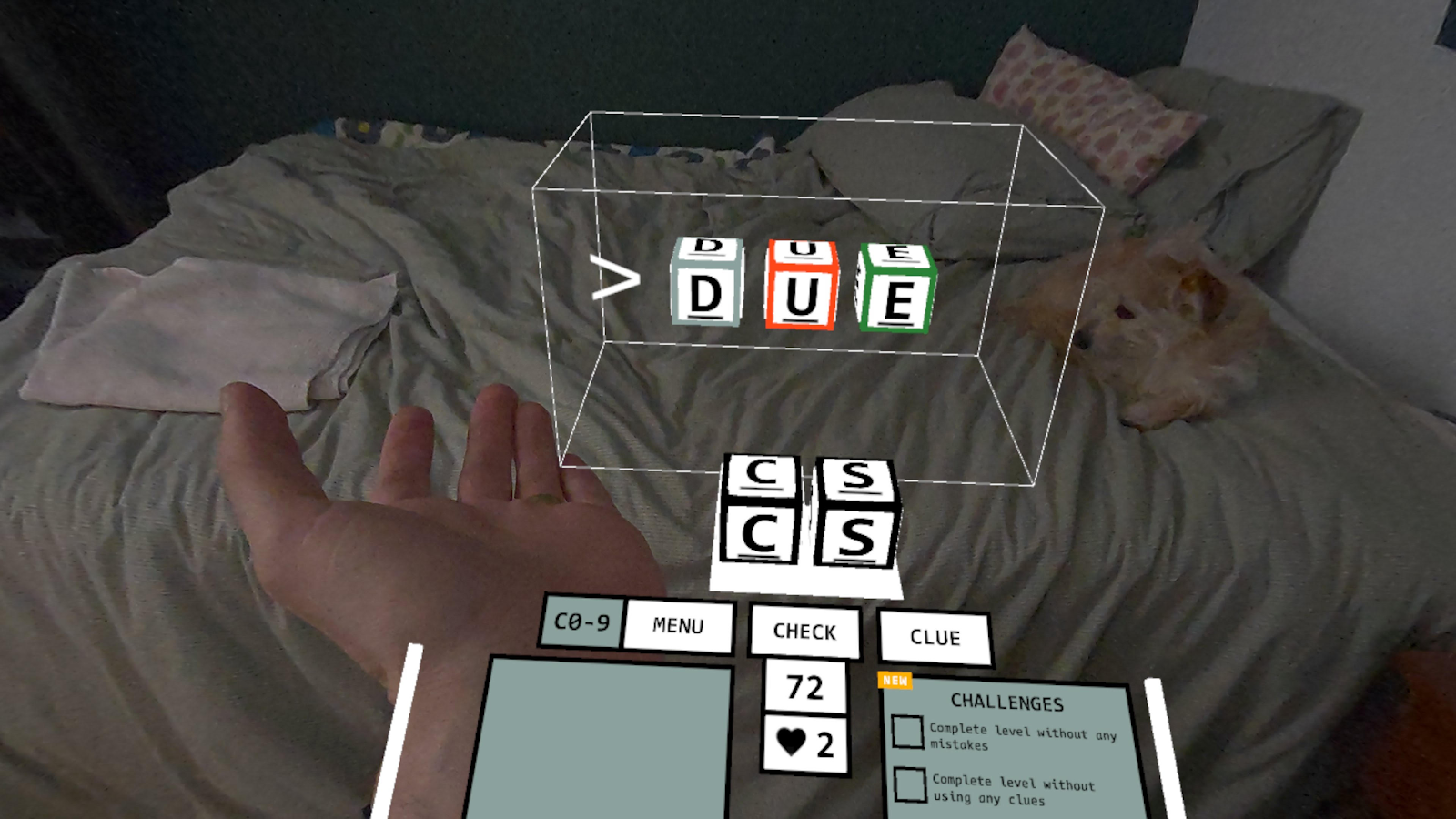 The word "due" being shown floating above a bed in mixed reality