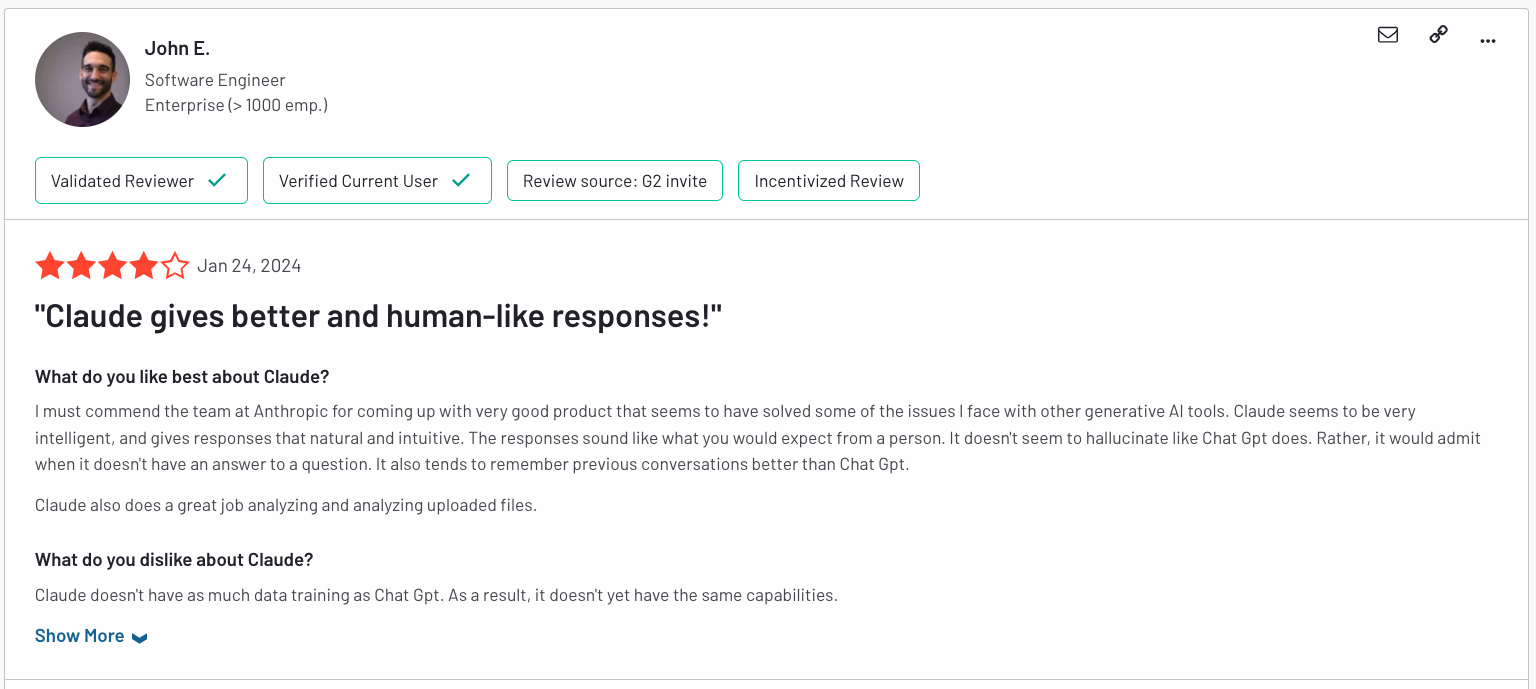 John E G2 user review of Claude