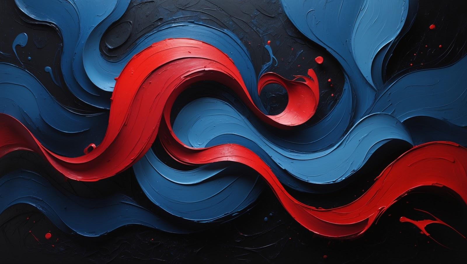 Abstract representation of human emotions, flowing organic shapes in shades of deep blue and crimson red intertwining on a textured black background, inspired by the style of Wassily Kandinsky